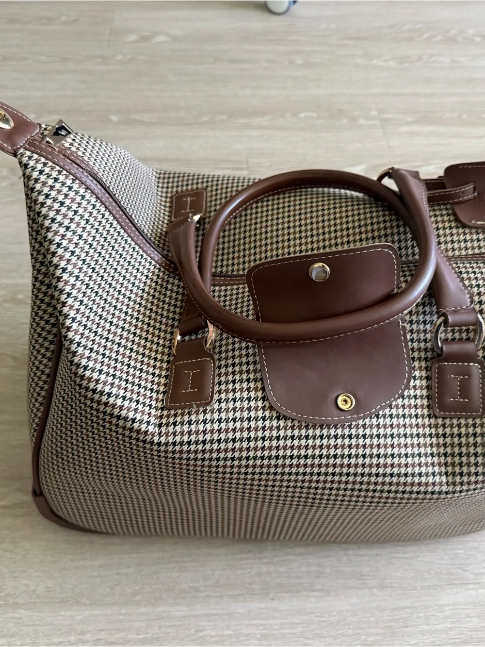 London Fog Brown Houndstooth Tote with Brown Leather Trim